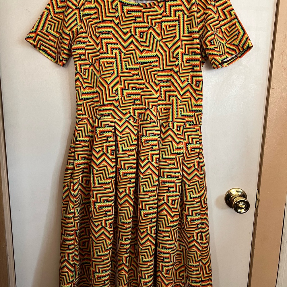 LuLa Roe Bright Colored Geometric Patterned Dress w/Pockets